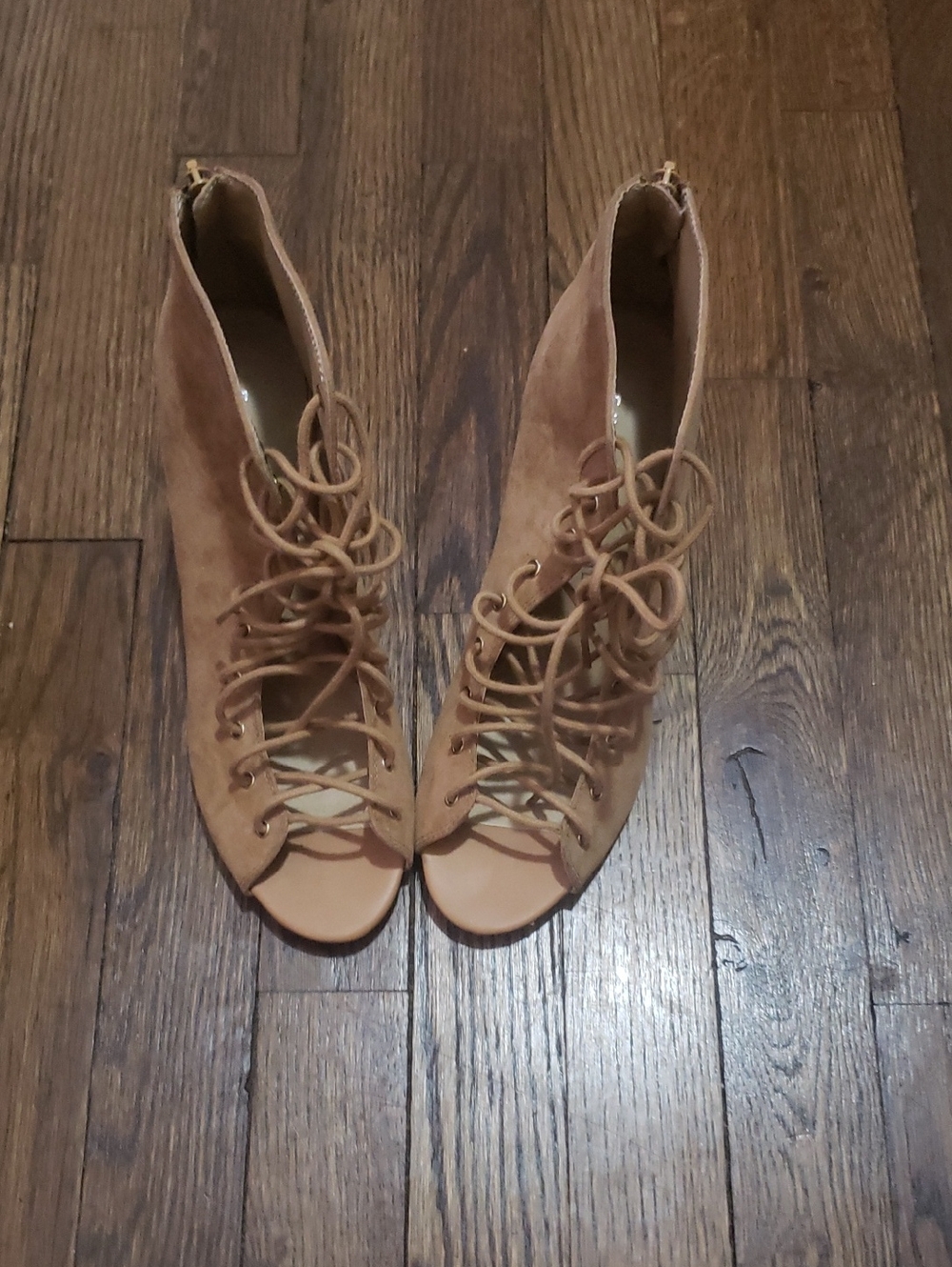 Chinese Laundry Lace-Up Peep Toe Heeled Booties - Tan
